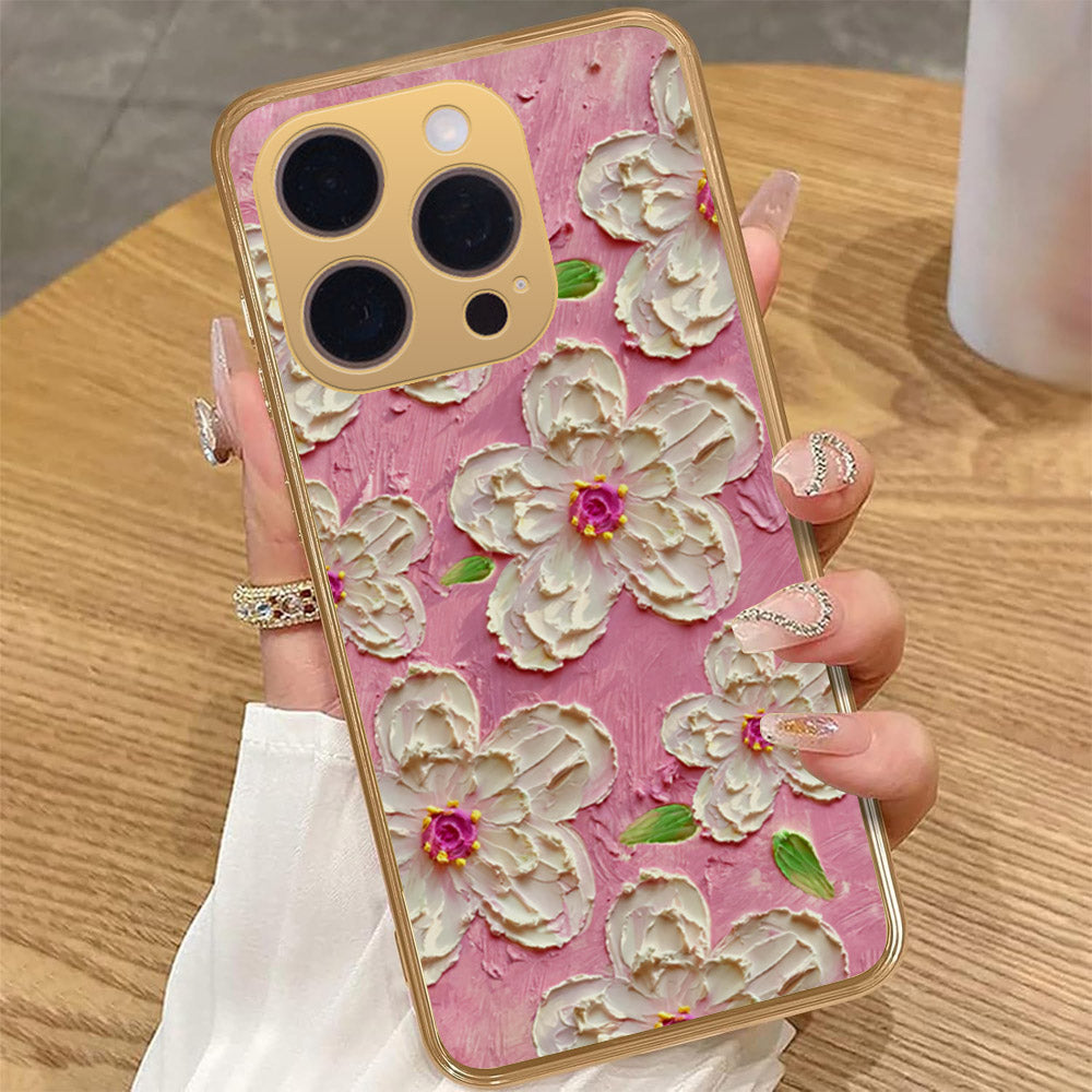 iPhone 14 Pro Max Cover - Floral Series - Design 5 - Pink & White - HQ Premium Shine Durable Golden Electroplate Case