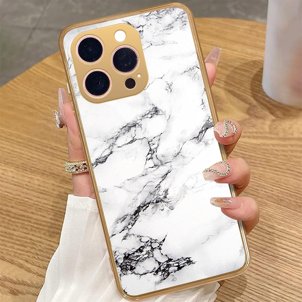 iPhone 16 Pro Max - White Marble Series - HQ Premium Shine Durable Golden Electroplate Case
