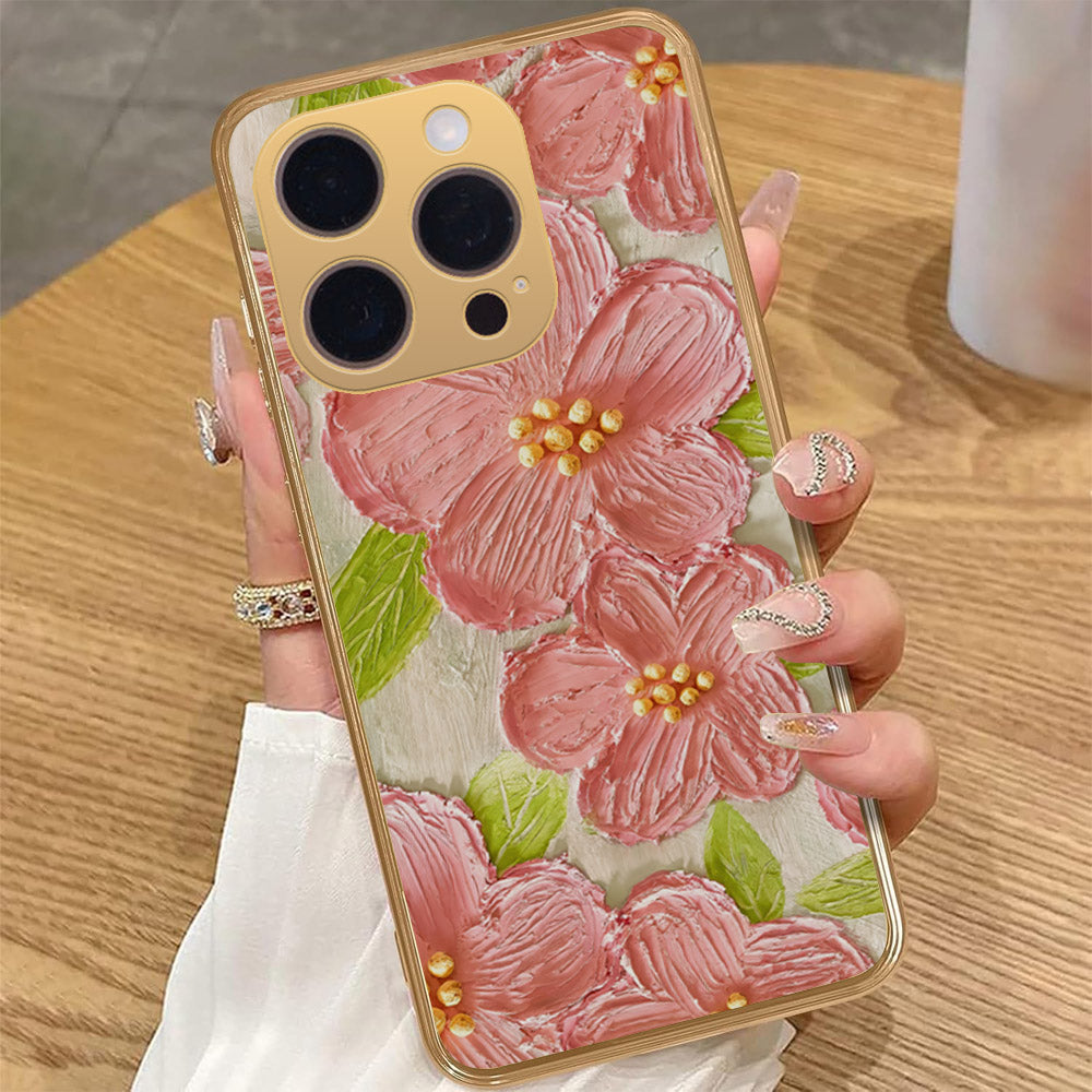 iPhone 15 Pro Max Cover - Floral Series - Design 9 - Pink & Green - HQ Premium Shine Durable Golden Electroplate Case